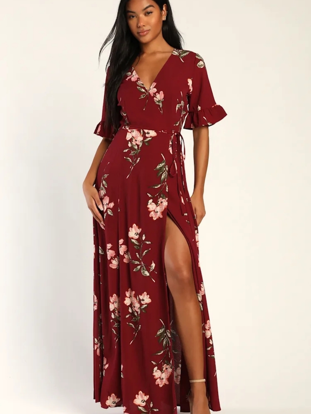 Lulus September Sunsets Burgundy Floral Print Wrap Maxi Dress